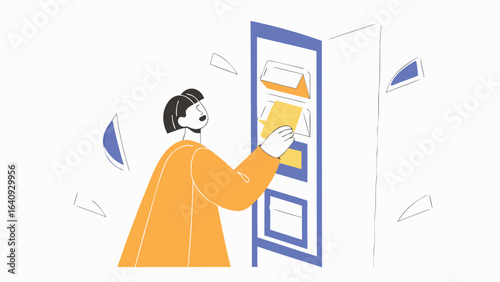 Woman in orange sweater taking a yellow file from a blue framed file cabinet with floating shapes around it