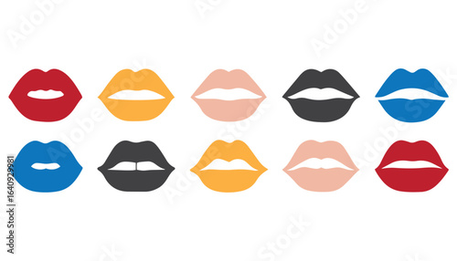 Ten pairs of lips in two rows, featuring red, yellow, pink, black, and blue colors. Each pair is solid-colored, conveying a playful and bold tone.