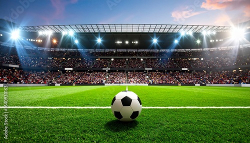 A lone soccer ball rests on a green stadium field under the bright lights, ready for the game