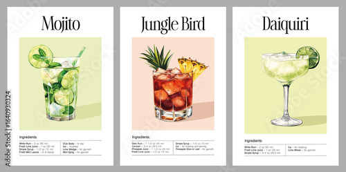 Rum cocktail poster set with watercolor Mojito, Jungle Bird, and Daiquiri recipes. Modern printable kitchen decor featuring classic tropical drinks with fresh ingredients and minimalist design.