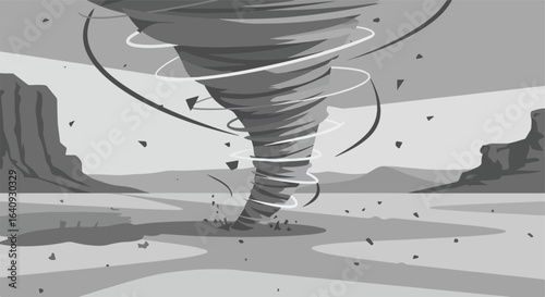 Powerful tornado sweeps across the desolate landscape. Twister destroys everything