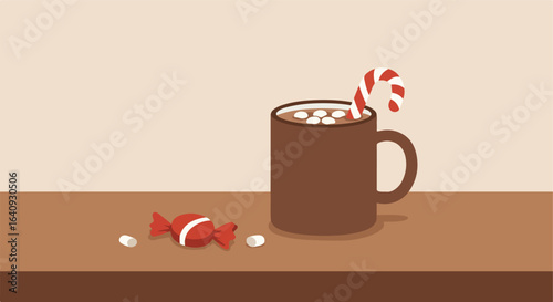 Cocoa mug with candy cane and wrapped treat on a table, muted colors