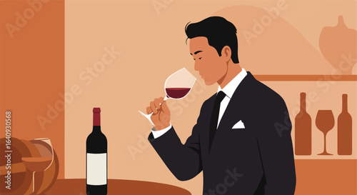 Wine tasting. A gentleman smells dark red in a glass, wine bottle on table