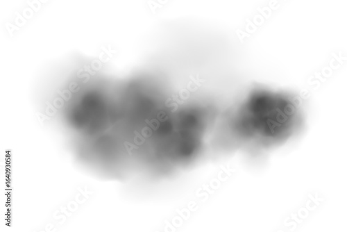 Black smoke cloud isolated on white background. Dark realistic fog cloud with soft edges and transparent texture. Vector illustration for explosion, pollution, or dramatic effect themes.