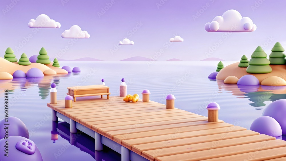 Fototapeta premium 3d serene lakeside dock with stylized landscape