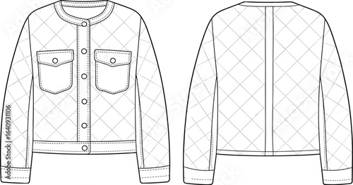 Quilted jacket front and back view, snap button closure, patch pockets, long sleeves, sewing pattern technical flat fashion vector illustration