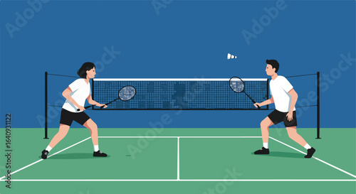 Two people play together, badminton game on court with blue background, net in between