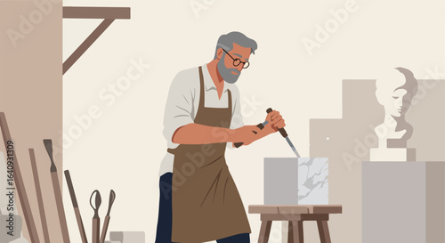 Elderly sculptor chiseling marble, creating artwork with tools. Head statue present