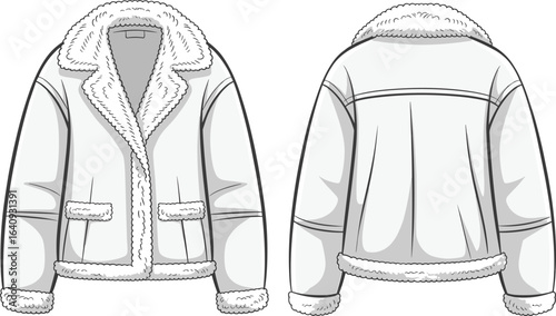 Shearling jacket technical flat sketch, winter coat front and back view, warm outerwear fashion design, fur collar and cuff details illustration