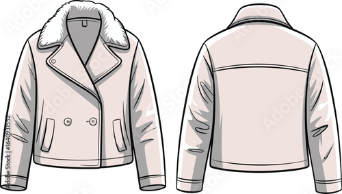 Shearling collar jacket front and back view, double-breasted buttons, winter outerwear fashion garment, technical flat vector illustration for sewing pattern