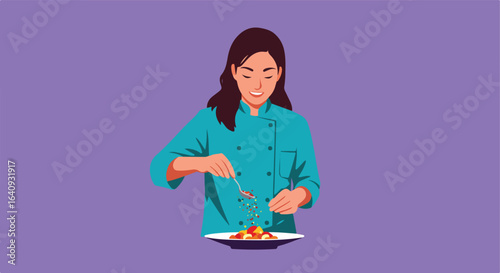 Chef adds seasoning to dish on plate, bright, minimal, cheerful, and very delicious