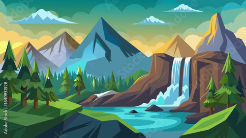 vector illustration of mountains and a waterfall