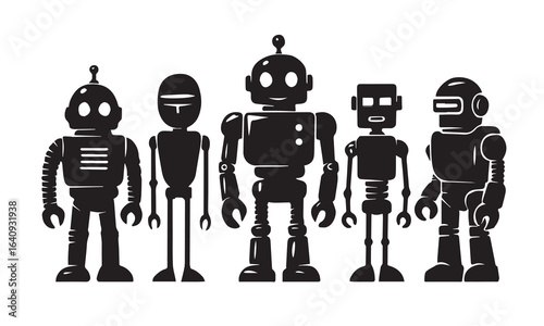 A group of five retro style black robots standing together isolated on white background