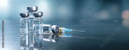 The vaccine vials and syringe ready for medical use in a clinical setting