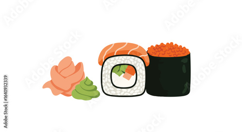 Fresh sushi with rice, fish roe, pickled ginger, and wasabi on a white background
