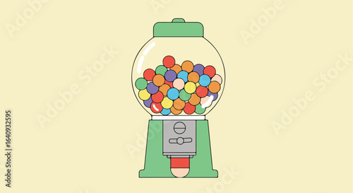Colorful round candies are inside vending machine, with soft yellow background