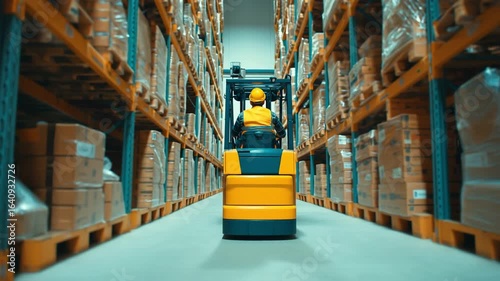 Rear view of forklift operator in hard hat and safety vest driving down high‑rack warehouse aisle — slow  tracking shot