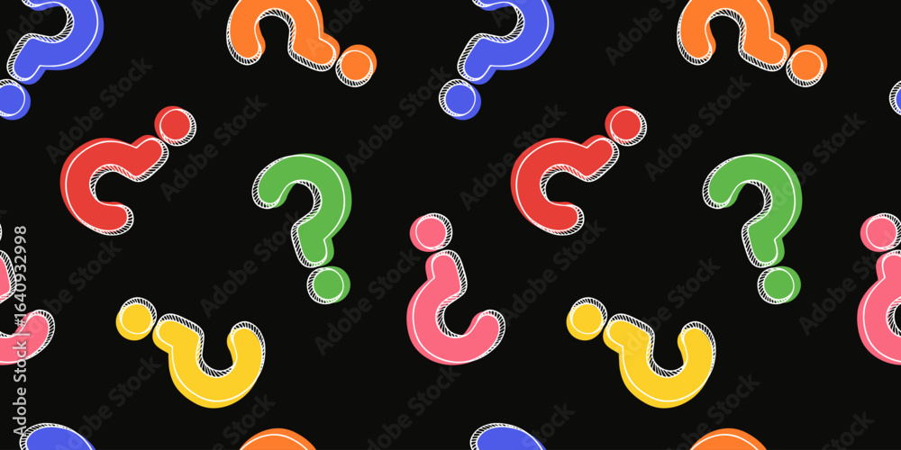 Colorful question mark drawings on black background. Abstract seamless pattern for customer service, presentation, conversation, communication, faq help concept Colorful question mark drawings on black background. Abstract seamless pattern for customer service, presentation, conversation, communication, faq help concept