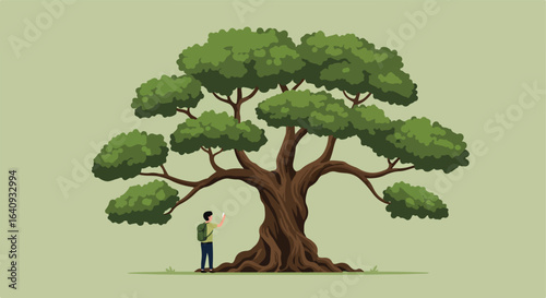Person stands under a large tree, holding a phone on a light olive green background