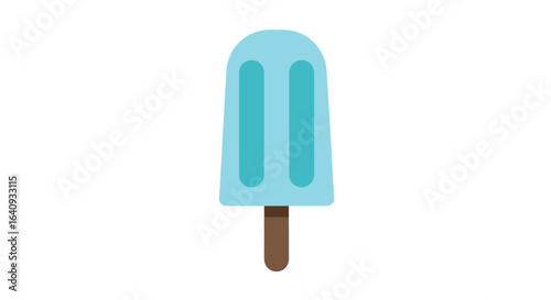 A chilly light blue ice pop with two cool blue stripes on a simple brown stick