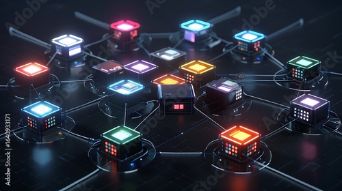 Interactive AI model visualized with rotating data blocks each lighting up with categorized content indicators .