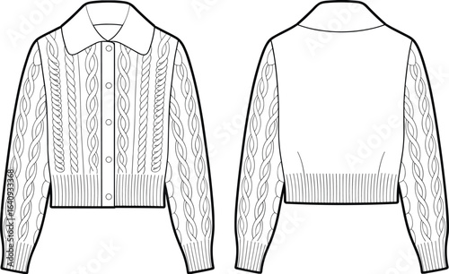 Women’s cable knit button-up cardigan front and back view, collared sweater design, flat fashion sketch, technical clothing template illustration, winter apparel