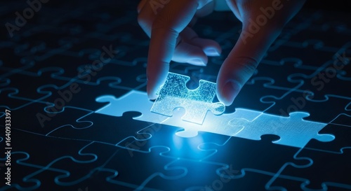 Person placing glowing puzzle piece in digital jigsaw