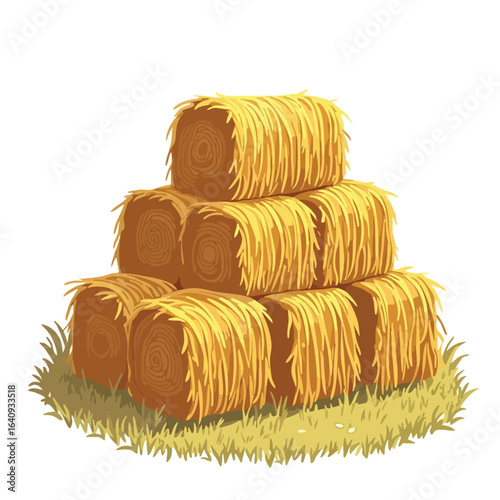 A pyramid stack of golden yellow rectangular hay bales resting on a patch of dry grass.