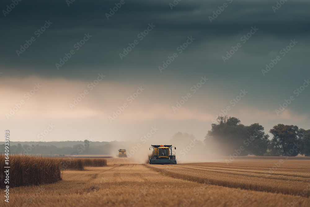 Fototapeta premium Tractors working on farmland during harvest