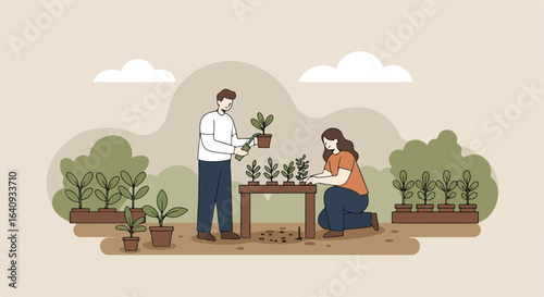 Planting Couple caring for sprouts in pots and planter boxes, outdoors and gardening