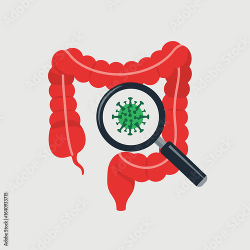 Magnifying glass inspecting intestines showing microscopic bacteria and viruses causing gut health problems and digestive issues investigation