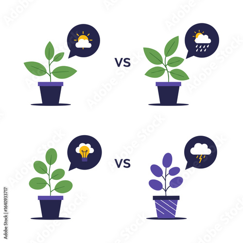 Comparing plant growth under different weather and environmental conditions highlighting impactful changes