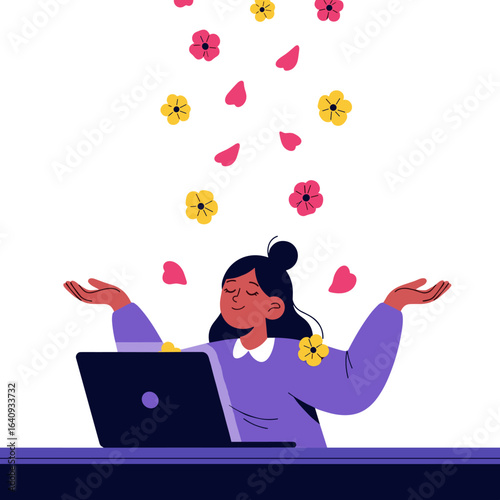 A person working remotely experiencing a moment of joy and peace while flowers fall around them