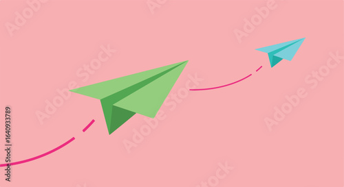 Paper aircrafts flight. Pink background, dotted line. Green, turquoise origami. Upwards path