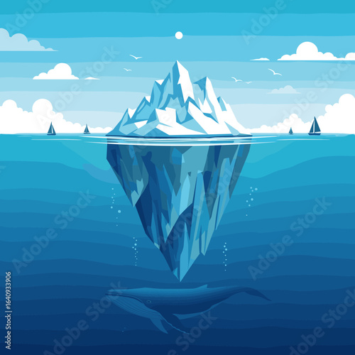 Majestic iceberg ascending from deep ocean abyss with whales and sailing ships under a clear blue sky