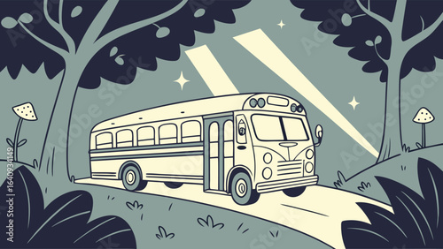 School bus driving on a road through a forest with trees mushrooms and stars in a cartoon style illustration