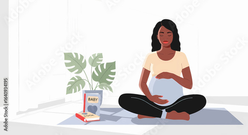 Serene pregnant Black woman practicing prenatal yoga and meditation at home, embracing her belly for wellness and relaxation