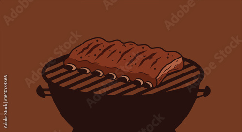 Ribs on a grill. Juicy meat cooks above heat. BBQ season. Delicious backyard meal