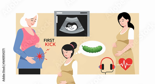 Conceptual illustration of the pregnancy journey with various maternity milestones like ultrasound, first kick, and cravings