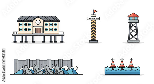 A collection of architectural line icons representing security, border control, and coastal infrastructure.