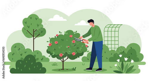 Garden work trimming pink flowers. Person pruning shrubs with gardening shears