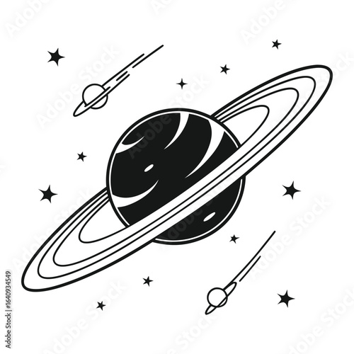 Minimalist black and white Saturn planet vector with rings and stars

