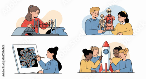 A set of illustrations depicting diverse young students engaged in STEM education. Includes scenes of bridge engineering, anatomy, research, and rocketry.