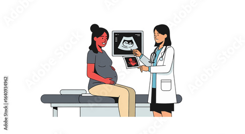 Obstetrician explaining fetal ultrasound scan results to a pregnant patient during a medical consultation in a clinic.