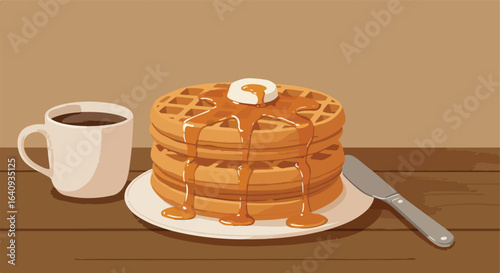 Breakfast Still Life Waffles stacked, butter, syrup, coffee, and knife on a wood surface
