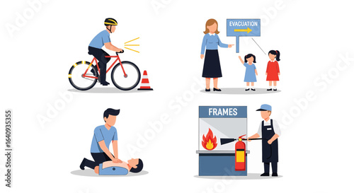 Set of vector illustrations depicting safety procedures and emergency situations. Includes first aid CPR, fire response, bicycle safety, and evacuation drills.