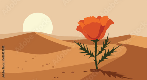 Desert bloom Flower thrives in sandy dunes with a large, pale sun rising behind