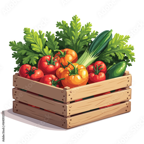 A rustic wooden crate overflowing with a vibrant assortment of freshly harvested vegetables on a white background.