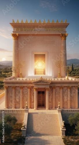Architectural rendition temple featuring intricate detail with golden accents
