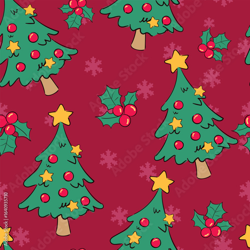 Hand Drawn Seamless Christmas Tree Pattern with Stars and Festive Background Vector